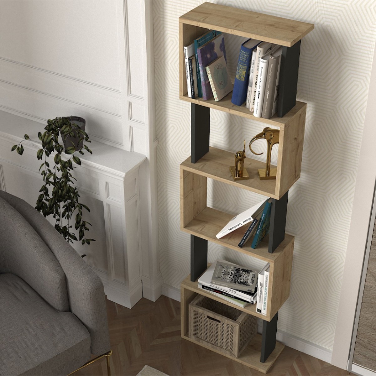 Βιβλιοθήκη Alvina Megapap χρώμα sapphire oak - ανθρακί 45x19,6x158,8εκ.