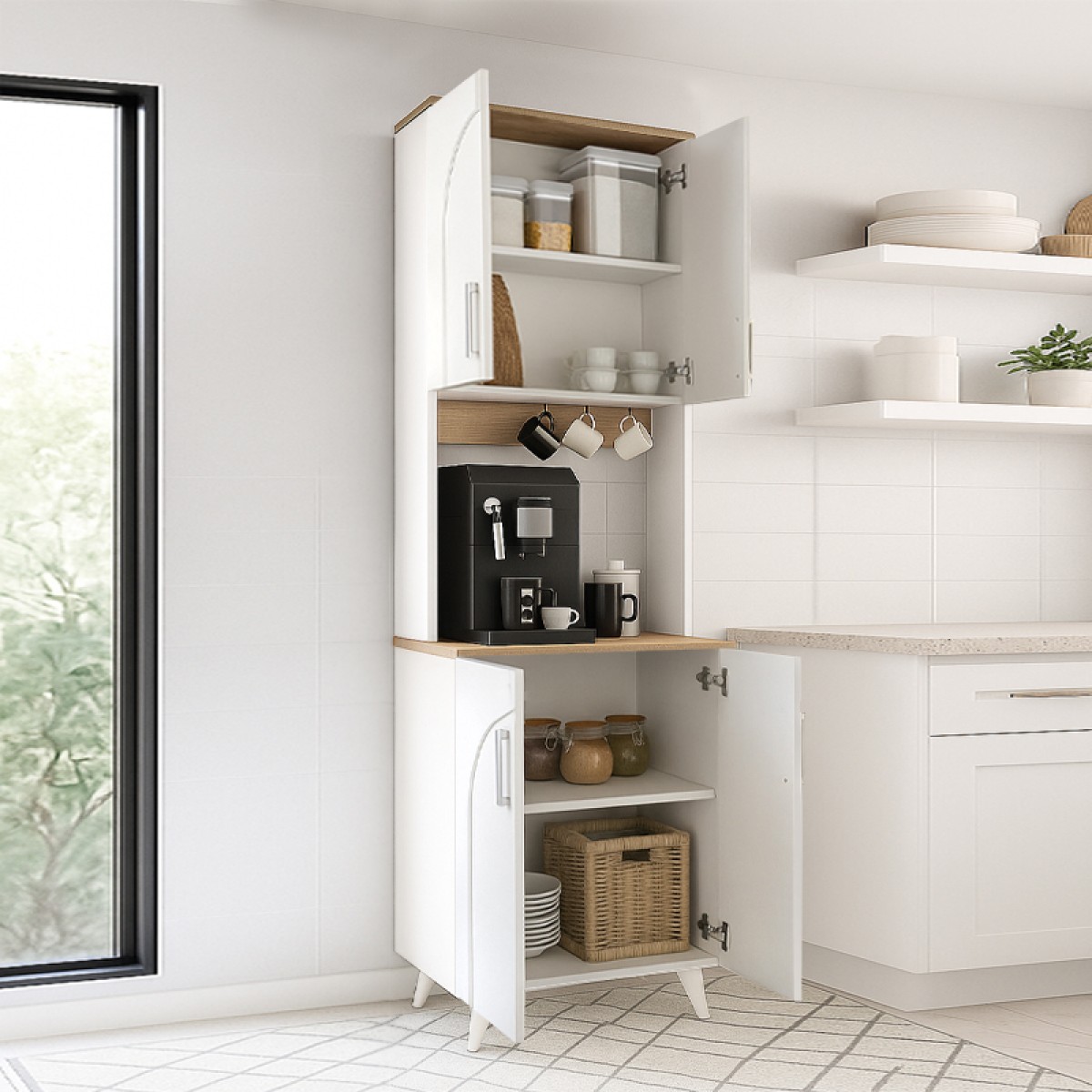 Έπιπλο κουζίνας Kalira 2 Megapap χρώμα λευκό - rota oak 60x40x196εκ.