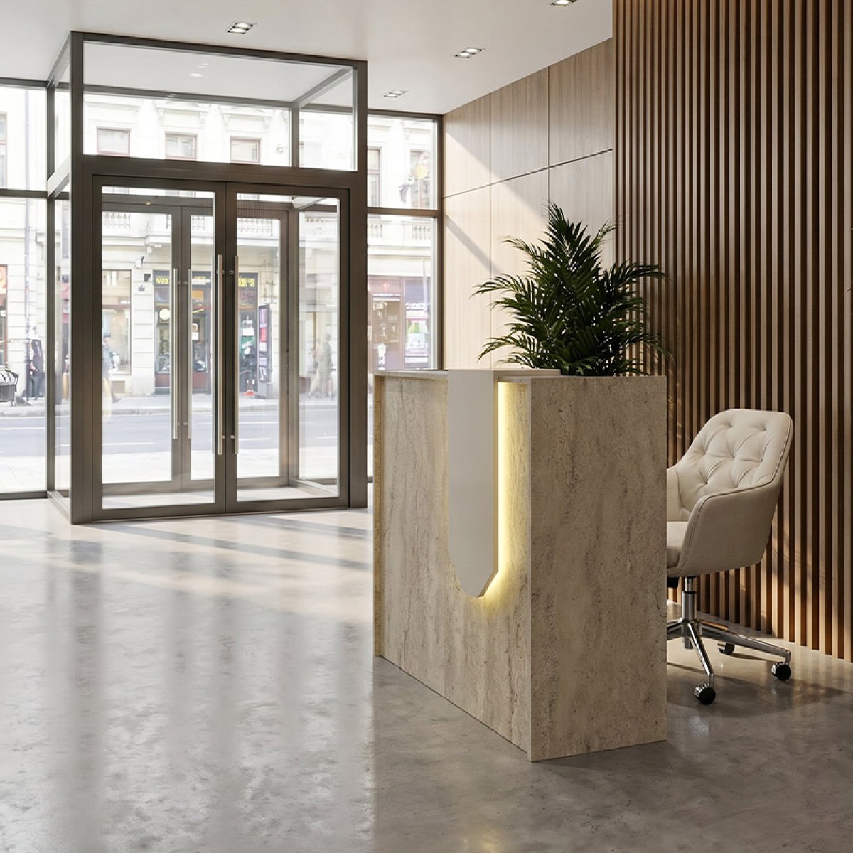 Γραφείο υποδοχής - reception Navita Megapap με LED χρώμα travertine - sandstone 113,6x42x111,8εκ.