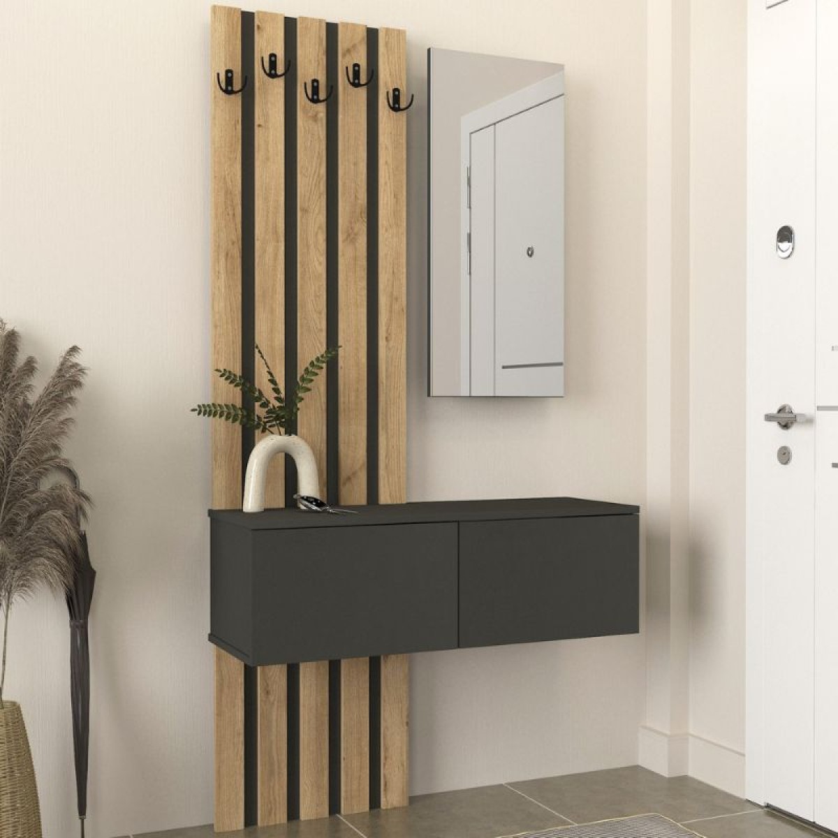 Έπιπλο εισόδου Kanso Megapap χρώμα ανθρακί - sepet oak 100x35x196,7εκ.