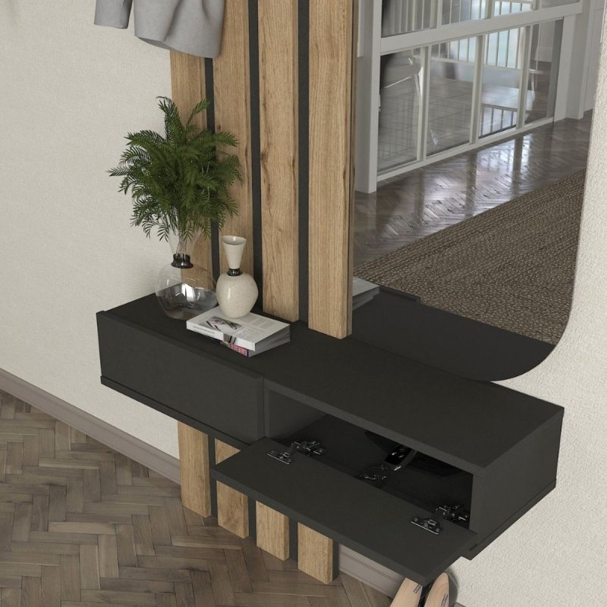 Έπιπλο εισόδου Reyas Megapap χρώμα ανθρακί - sepet oak 90x27x205,6εκ.