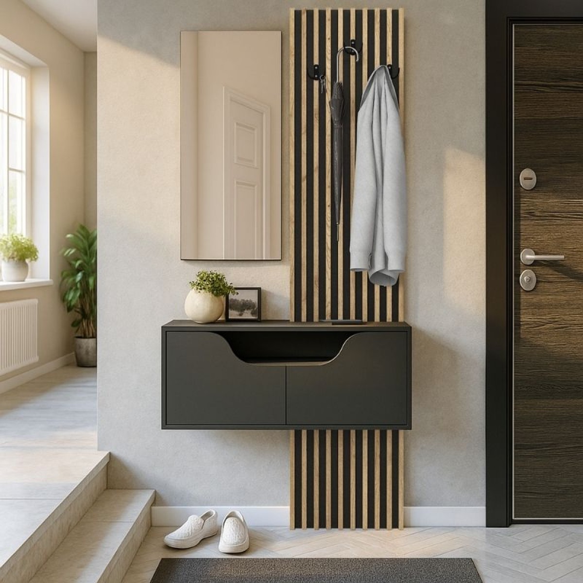 Έπιπλο εισόδου Naro Megapap χρώμα ανθρακί - sepet oak 90x35x204,2εκ.