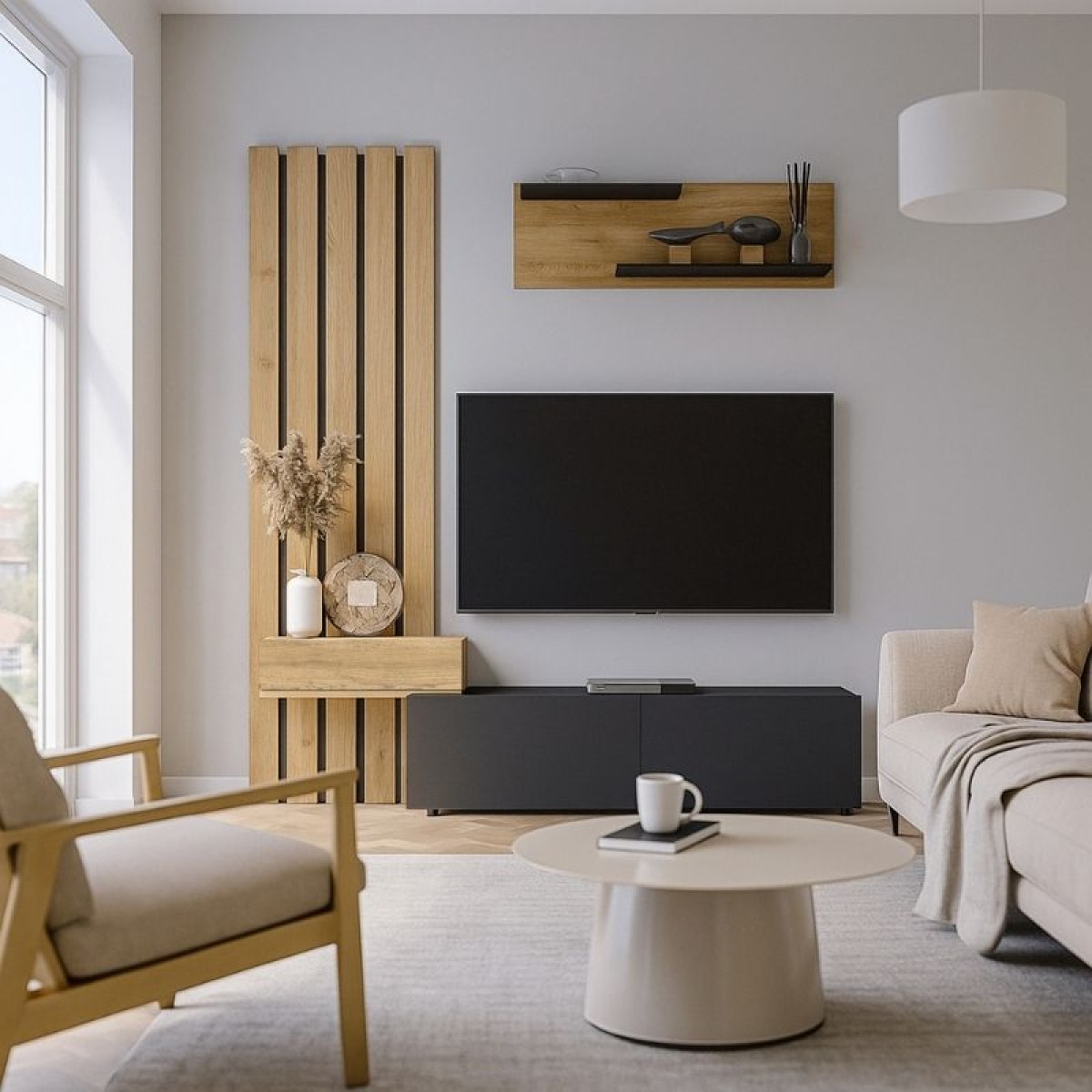 Σύνθεση τηλεόρασης Rosaline Megapap χρώμα ανθρακί - sepet oak 183x31,3x196,9εκ.