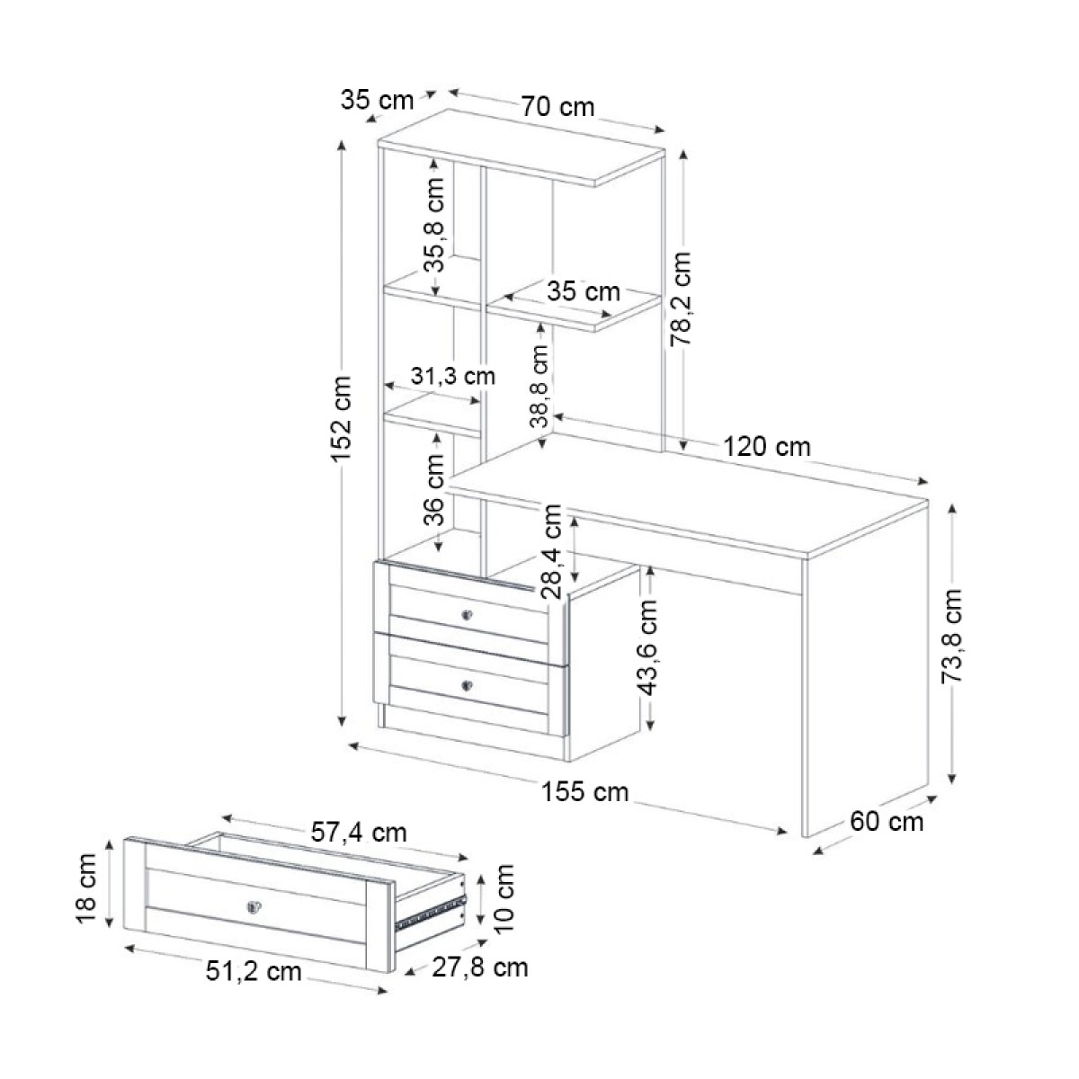 Γραφείο εργασίας Mantra Megapap χρώμα ανθρακί 155x60x152εκ.