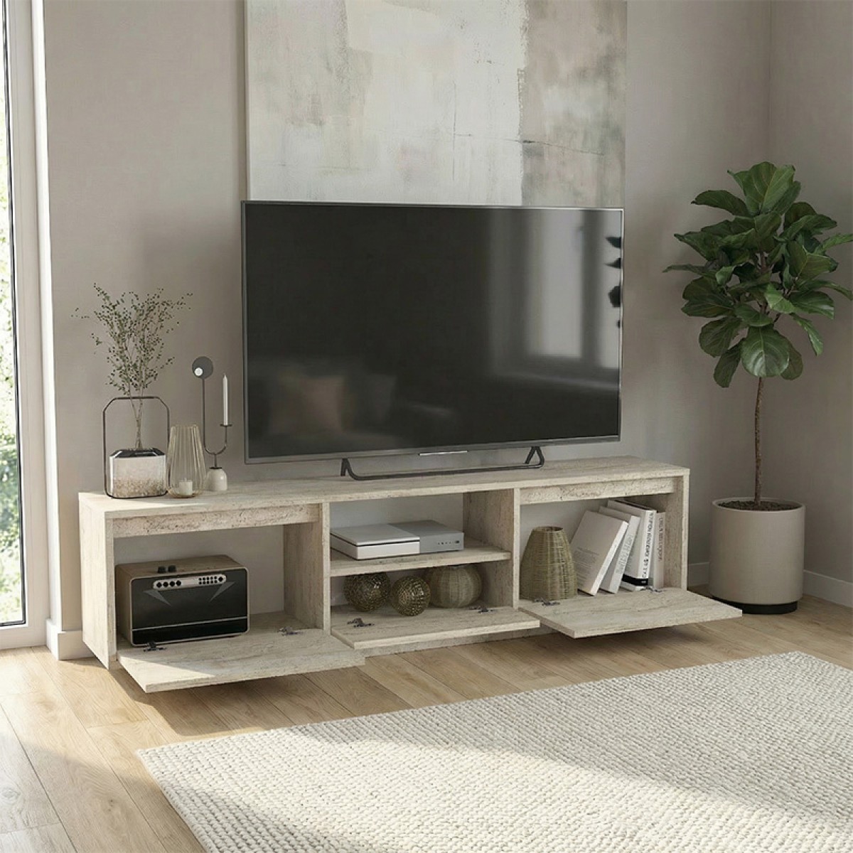Έπιπλο τηλεόρασης Lumbera Megapap χρώμα travertine 160x29,5x42εκ.