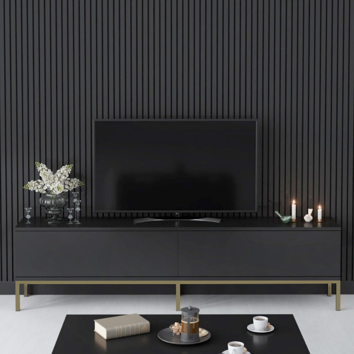 Έπιπλο τηλεόρασης Lord Megapap χρώμα μαύρο - χρυσό 180x30x47εκ.