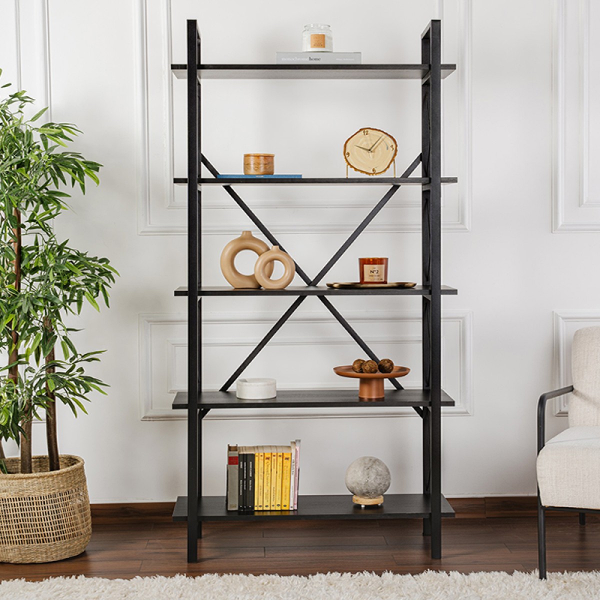 Βιβλιοθήκη Elysian Megapap χρώμα black wood 90x33,5x180εκ.