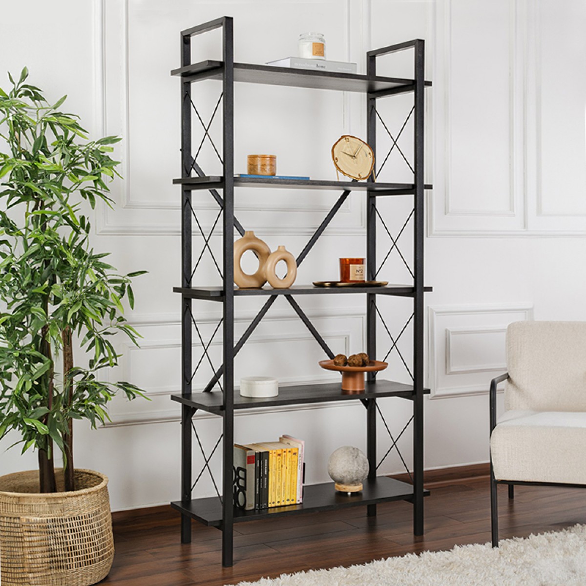 Βιβλιοθήκη Elysian Megapap χρώμα black wood 90x33,5x180εκ.