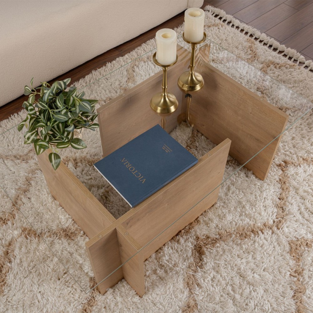 Τραπεζάκι σαλονιού Vetrino Megapap γυάλινο χρώμα honey oak 105x65x40εκ.
