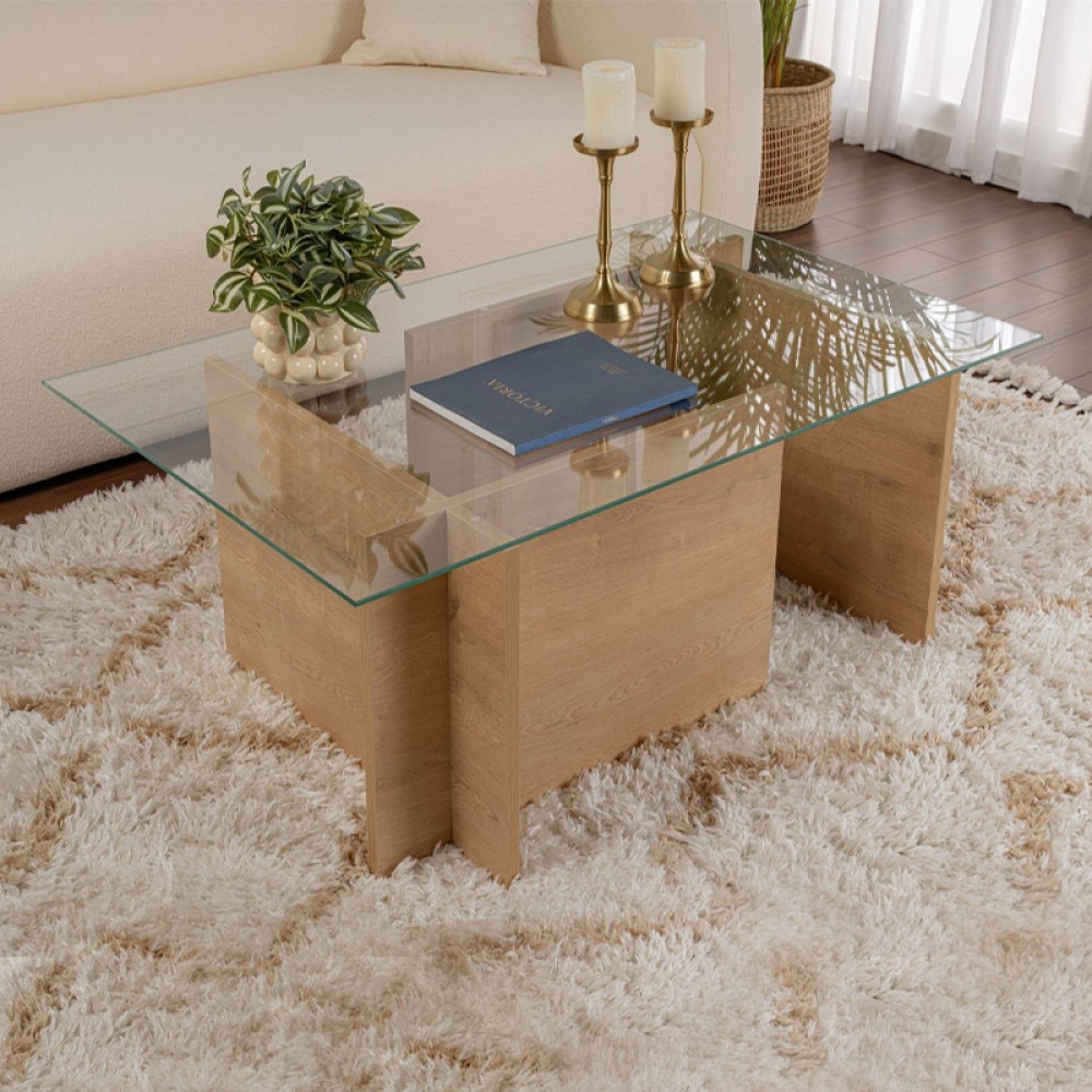 Τραπεζάκι σαλονιού Vetrino Megapap γυάλινο χρώμα honey oak 105x65x40εκ.