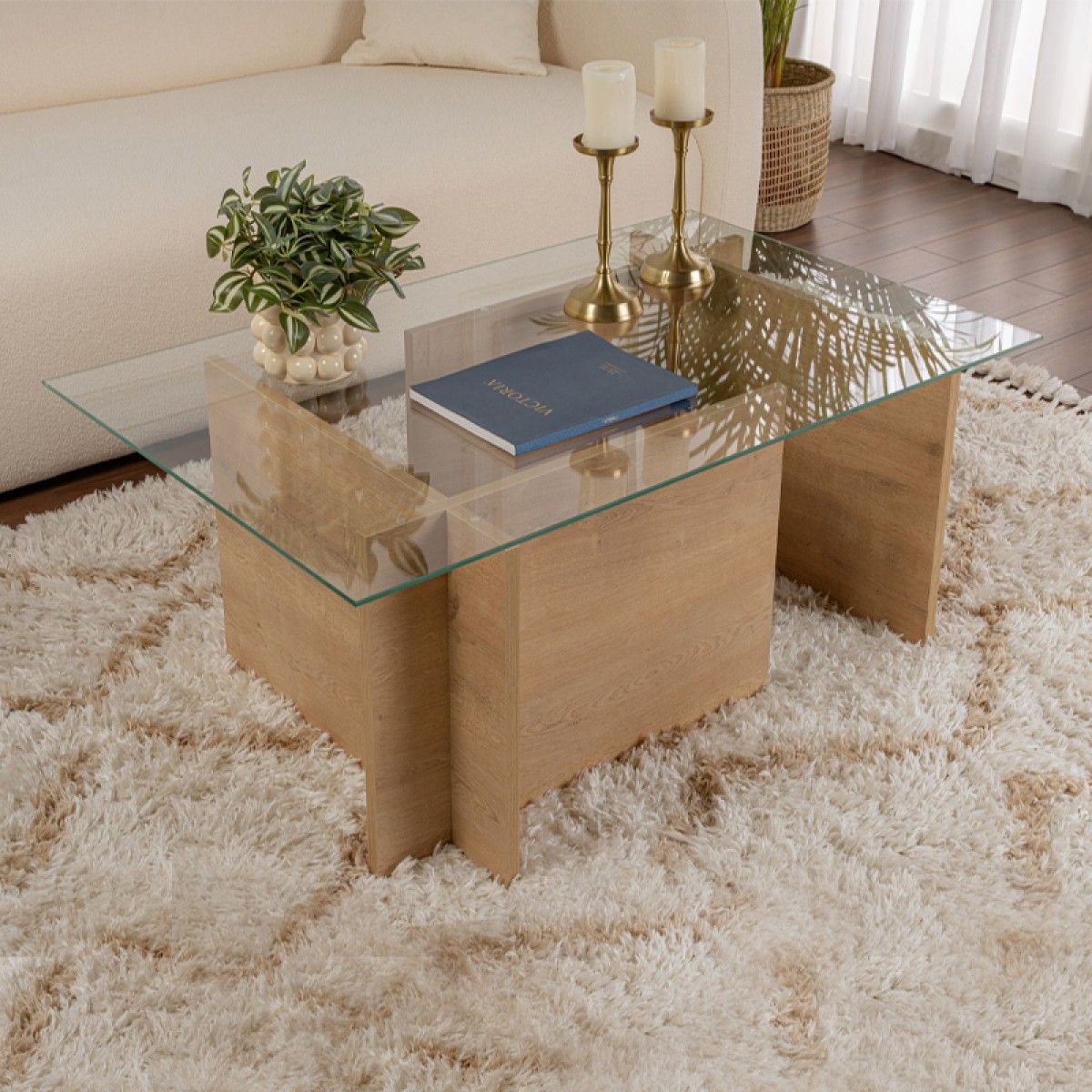 Τραπεζάκι σαλονιού Vetrino Megapap γυάλινο χρώμα honey oak 105x65x40εκ.