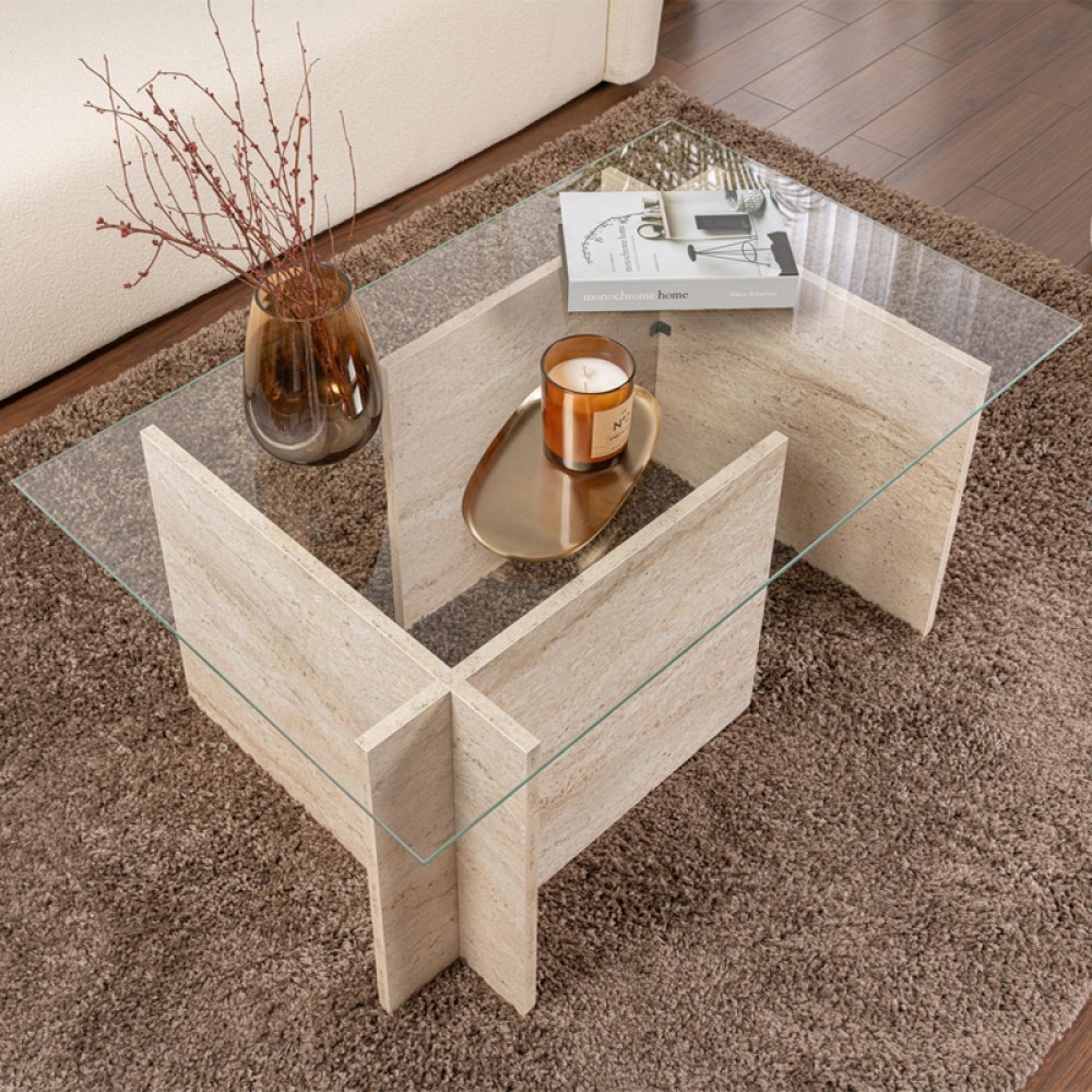 Τραπεζάκι σαλονιού Vetrino Megapap γυάλινο χρώμα travertine 105x65x40εκ.