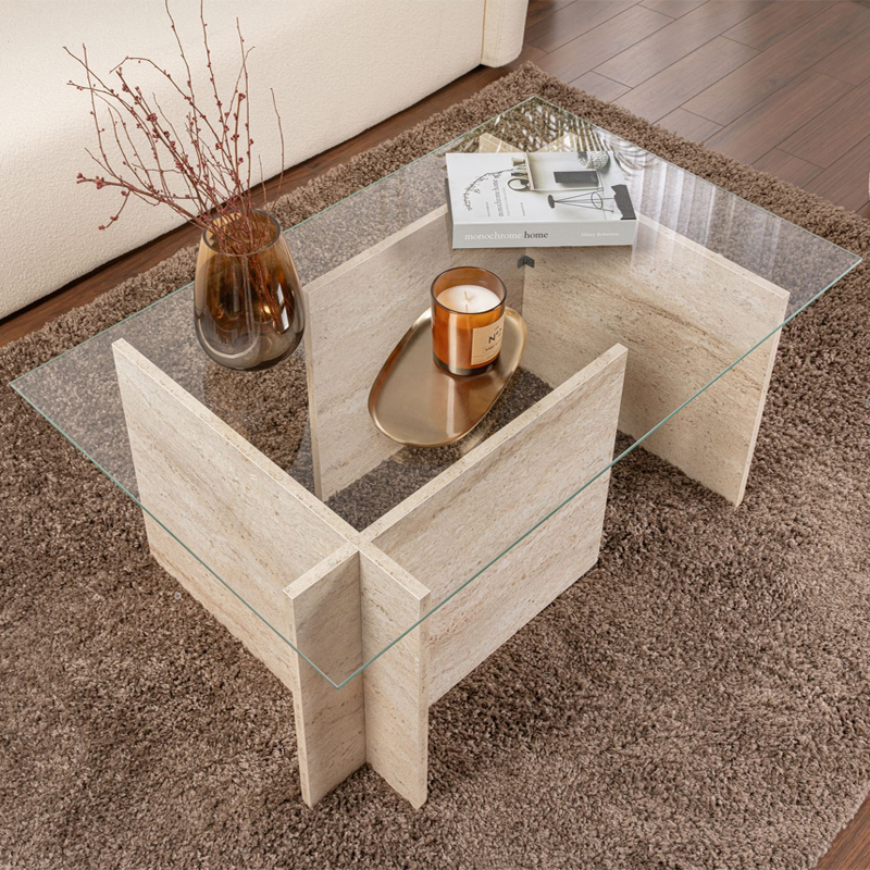 Τραπεζάκι σαλονιού Vetrino Megapap γυάλινο χρώμα travertine 105x65x40εκ.