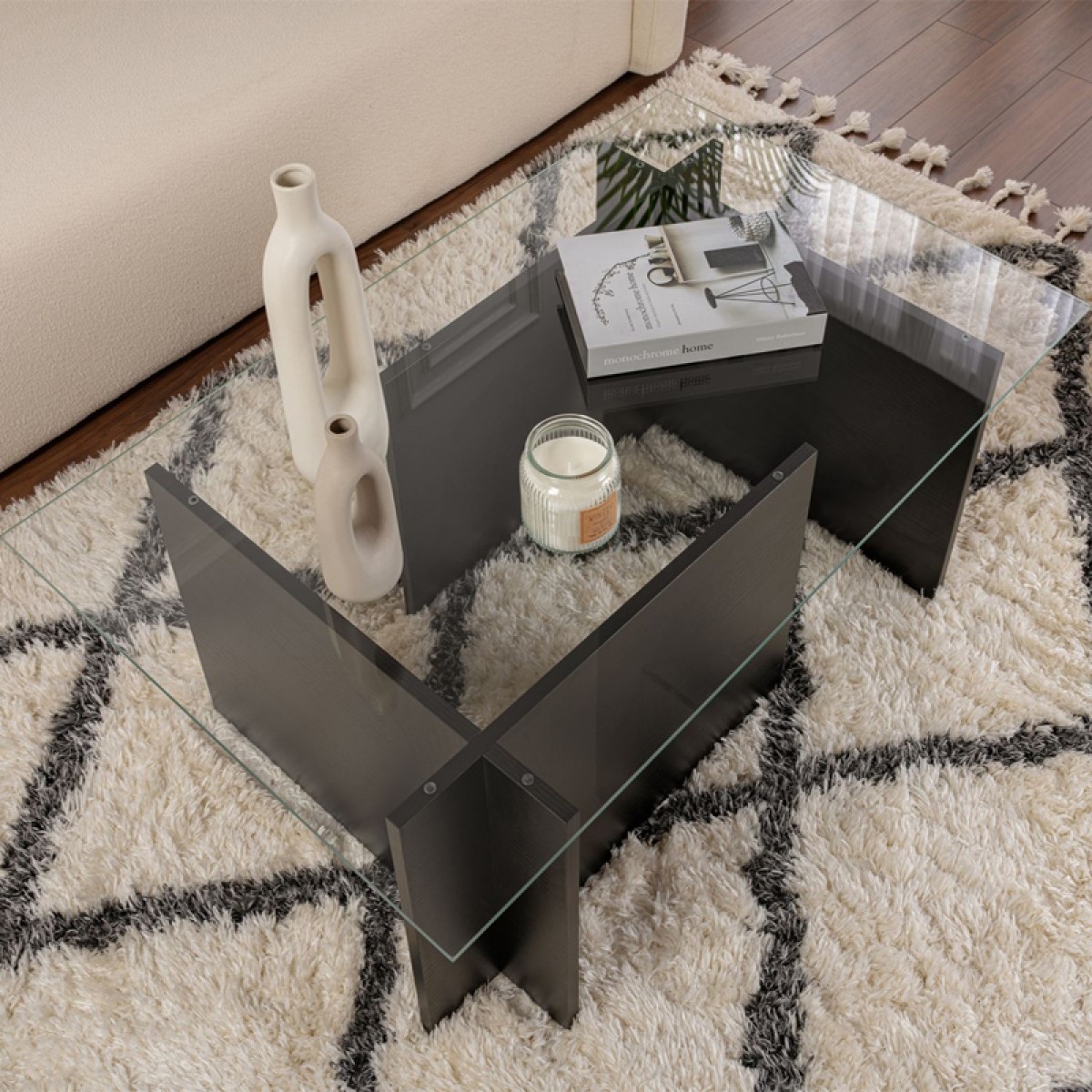 Τραπεζάκι σαλονιού Vetrino Megapap γυάλινο χρώμα black wood 105x65x40εκ.
