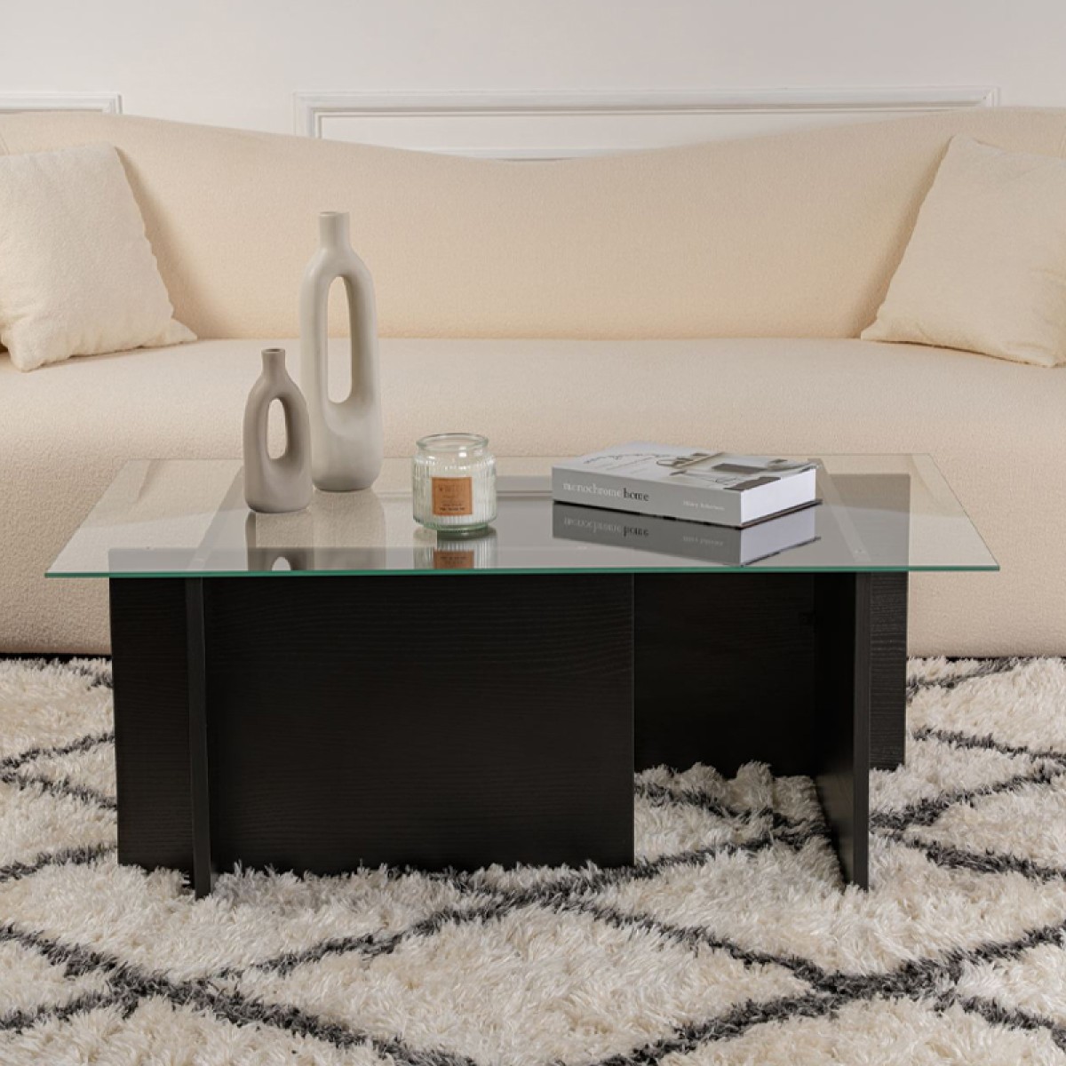 Τραπεζάκι σαλονιού Vetrino Megapap γυάλινο χρώμα black wood 105x65x40εκ.