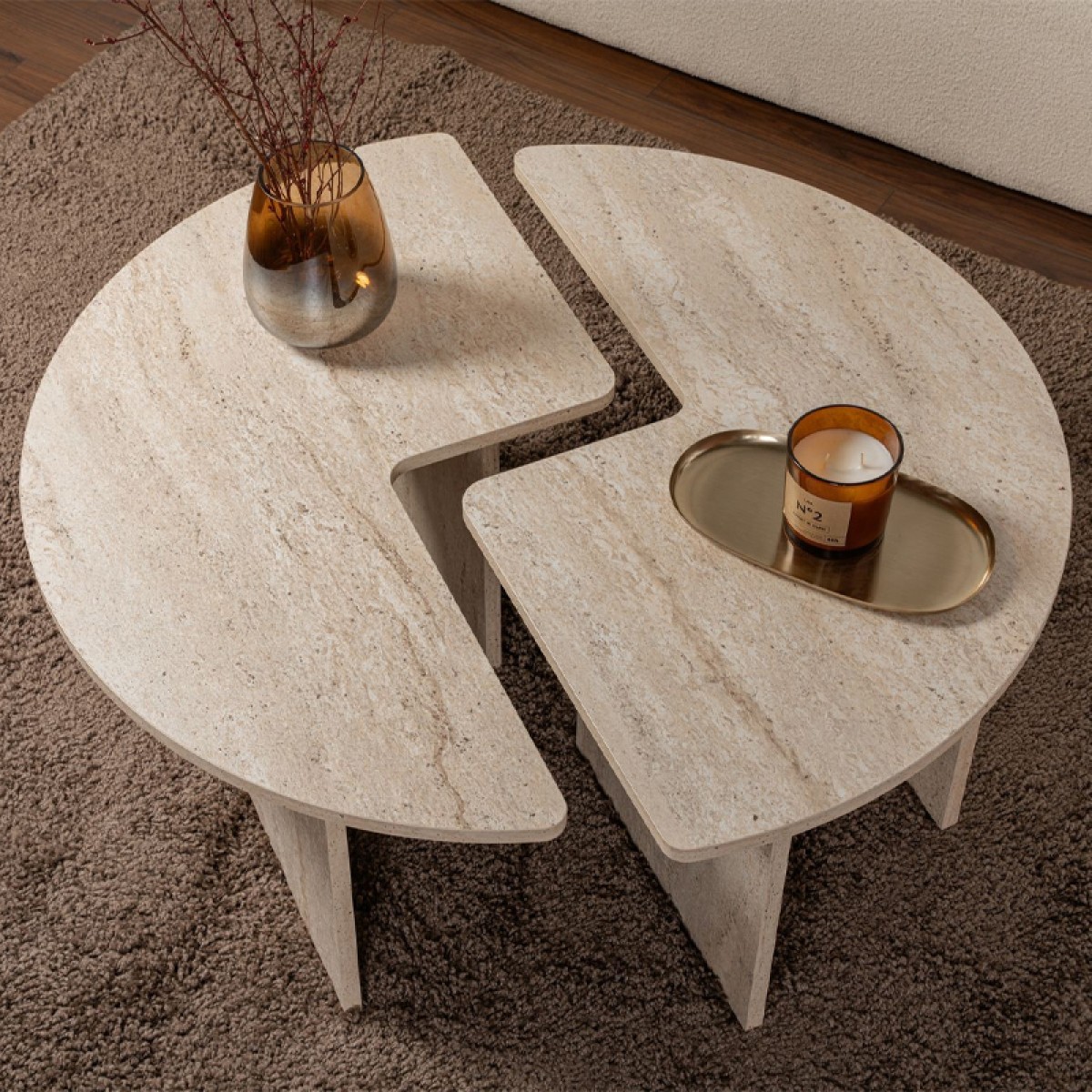 Τραπεζάκι σαλονιού σετ 2 τμχ Moira Megapap χρώμα travertine Ø90x41εκ.