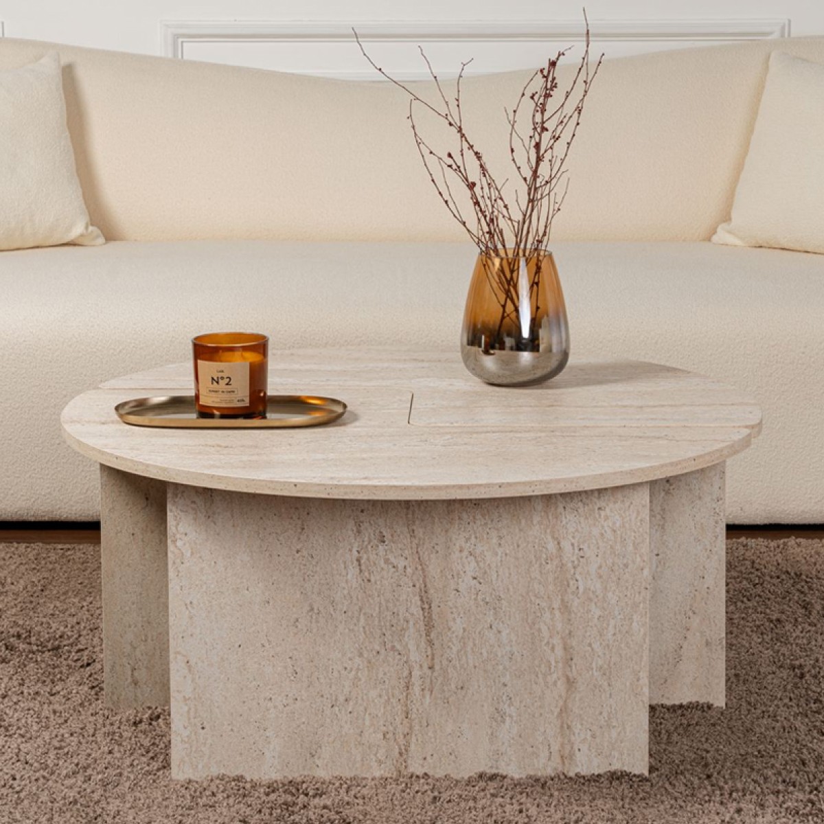 Τραπεζάκι σαλονιού σετ 2 τμχ Moira Megapap χρώμα travertine Ø90x41εκ.