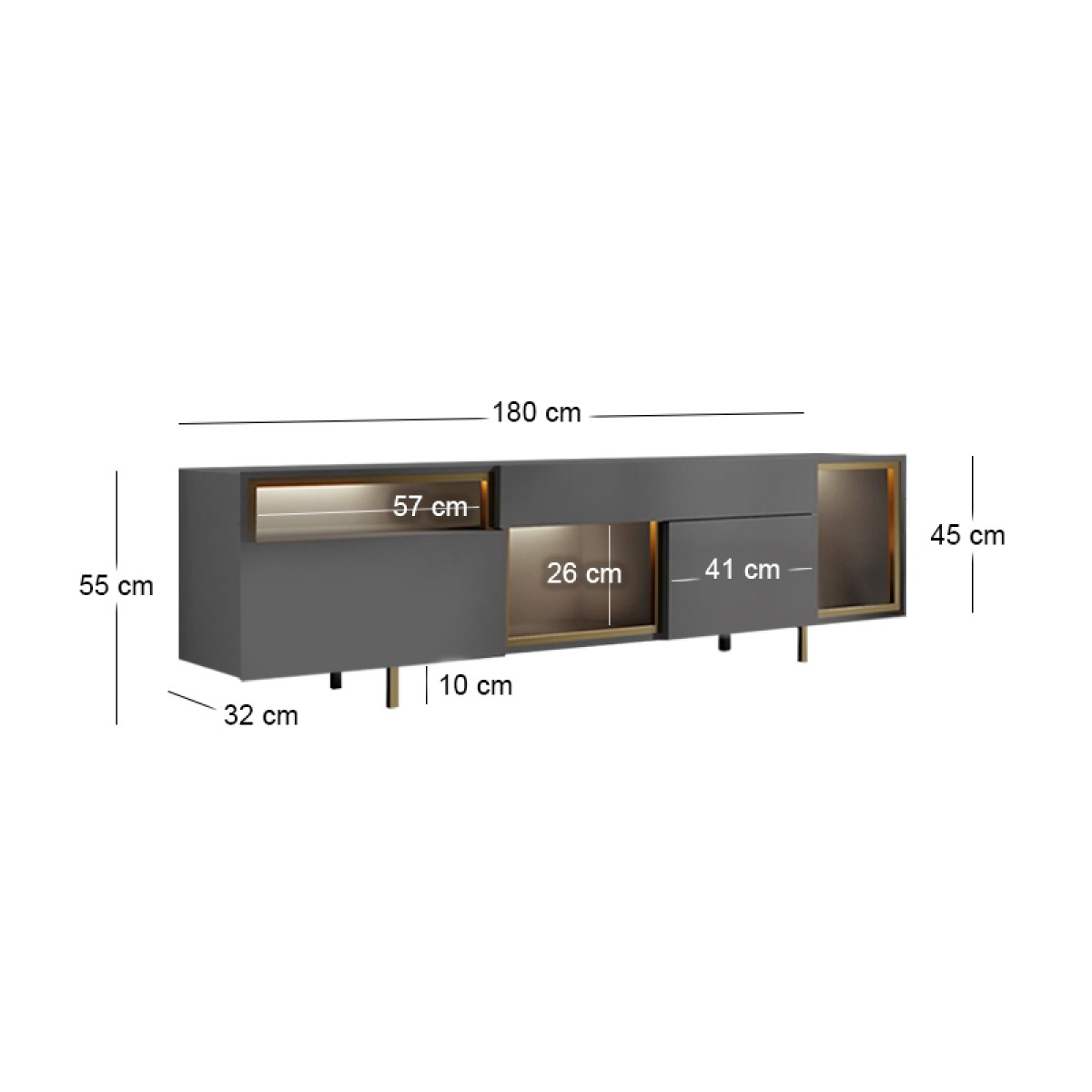 Έπιπλο τηλεόρασης Norm Megapap με Led Rgb χρώμα ανθρακί - χρυσό 180x32x55εκ.