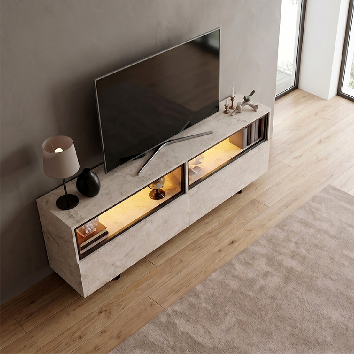 Έπιπλο τηλεόρασης Eco Megapap με Led Rgb χρώμα travertine 180x32x67εκ.
