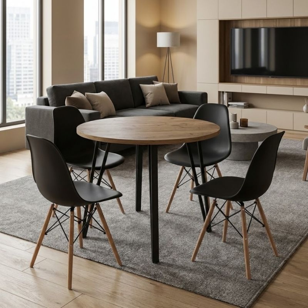 Σετ τραπεζαρία 5τμχ Xana - Nova Megapap χρώμα sepet oak - μαύρο Ø90x77,5εκ.