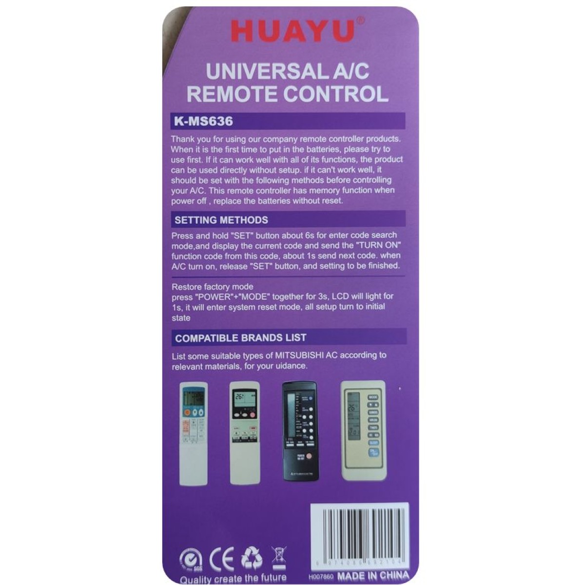 MITSUBISHI AIR CONDITION UNIVERSAL REMOTE CONTROL