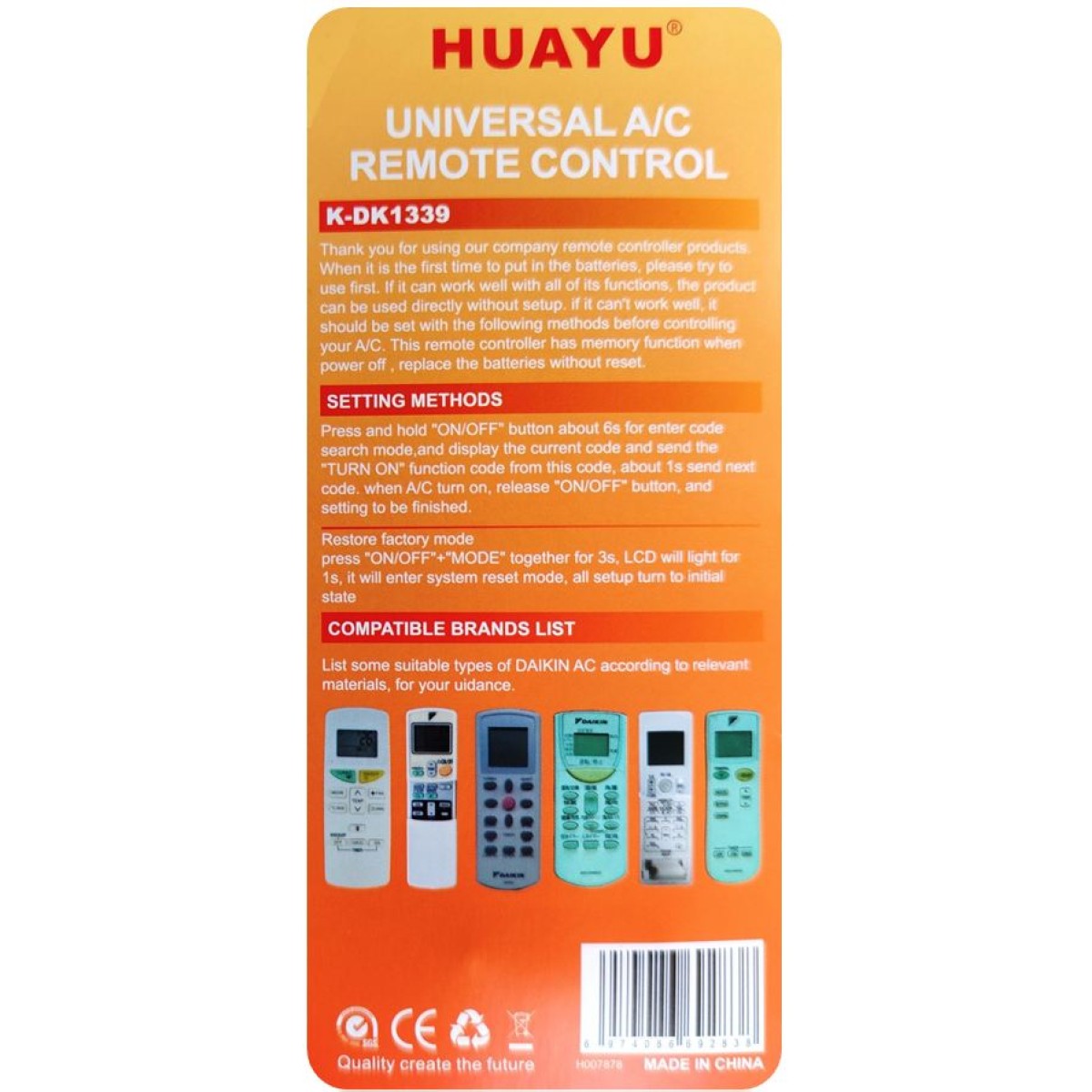 DAIKIN A/C UNIVERSAL REMOTE CONTROL 20032
