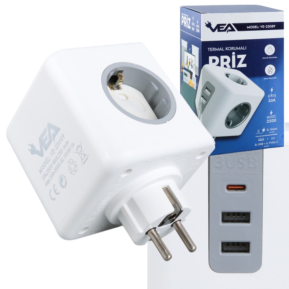 VEA VE-23089 ΠΟΛΥΠΡΙΖΟ 3 ΘΕΣΕΩΝ ΜΕ 3 USB