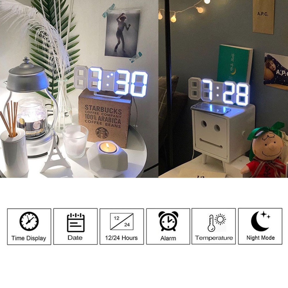 3D LED Διακοσμητικό Ρολόι Τοίχου / Επιτραπέζιο Ρολόι Λευκή Βάση Μπλε Φως