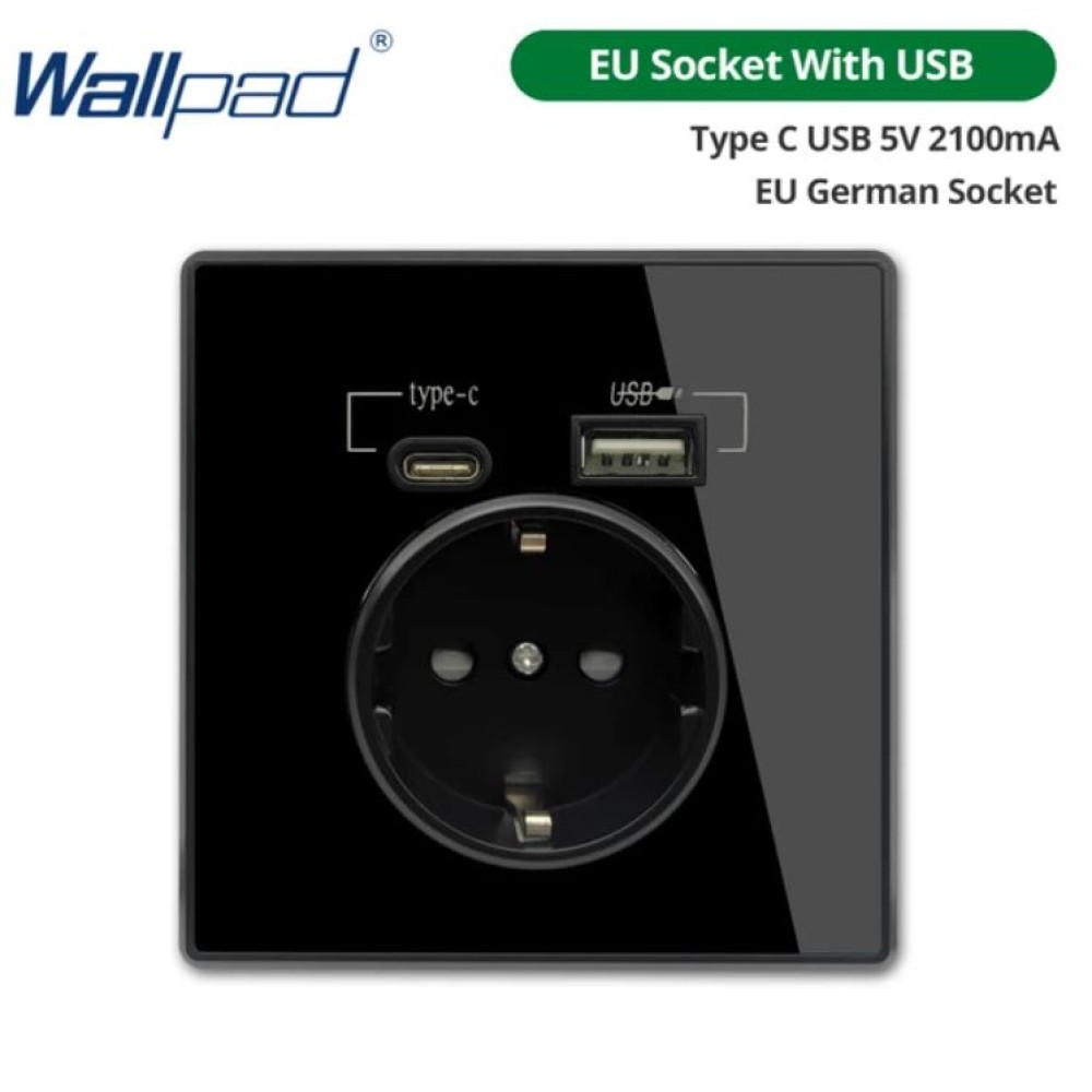 WALLPAD Μονή Χωνευτή Πρίζα Ρεύματος με 2 Θύρες USB