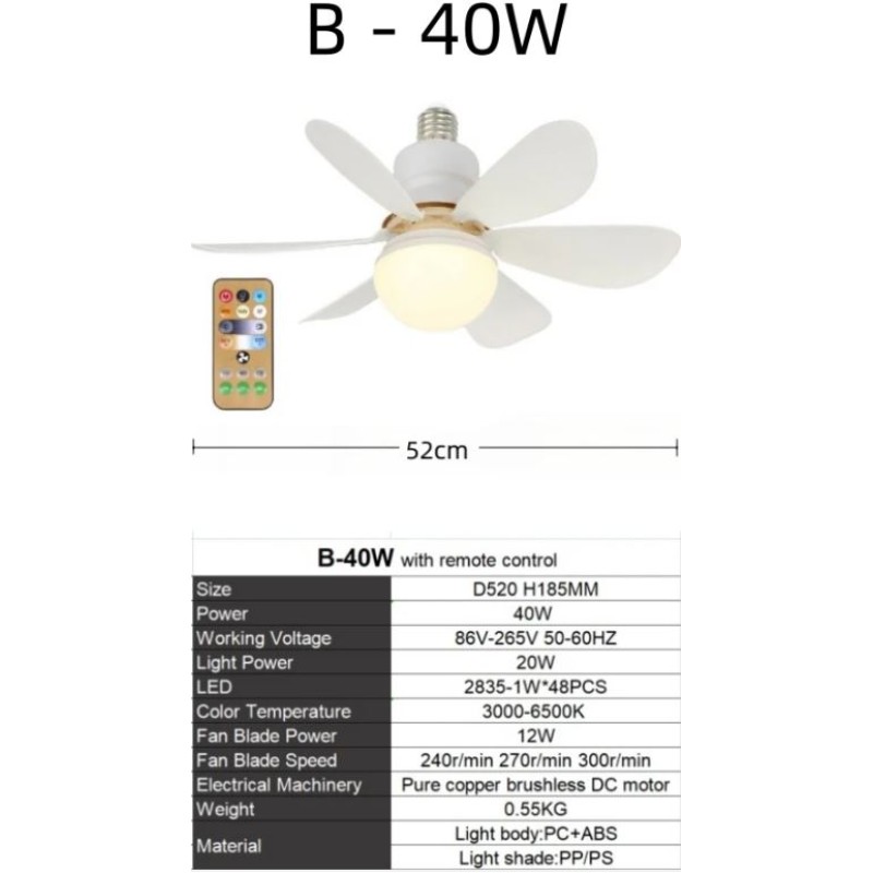 40W E27 Φωτιστικό Οροφής LED με Ανεμιστήρα και Τηλεχειριστήριο