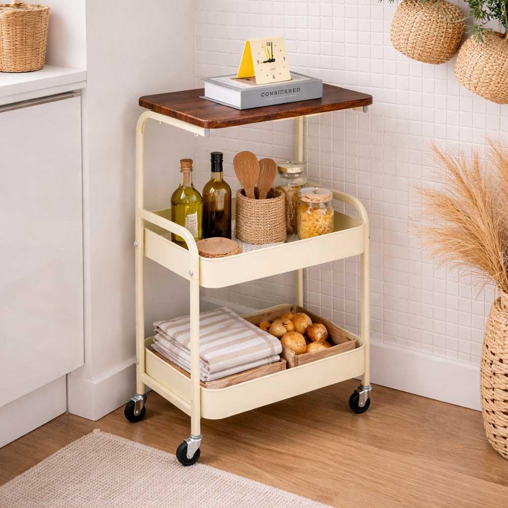 Τρόλεϊ- καλάθι Υ77x43x30εκ. μεταλλικό με ξύλινη επιφάνεια κίτρινο