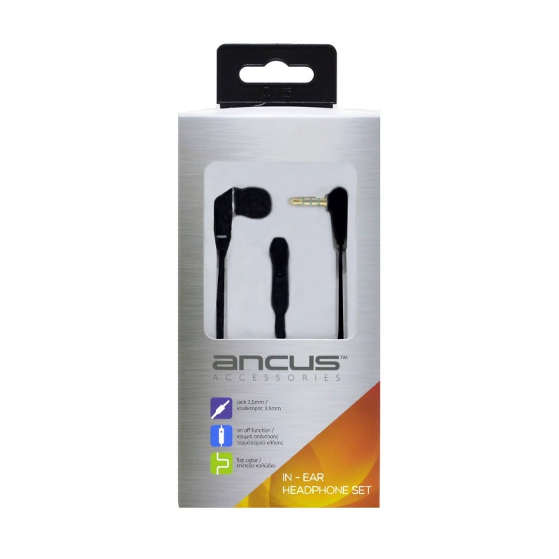 Hands Free Ancus Loop in-Earbud Mono 3.5mm για Apple-Samsung-HTC-Sony Μαύρο με Καλώδιο Πλακέ, Πλήκτρο Απάντησης