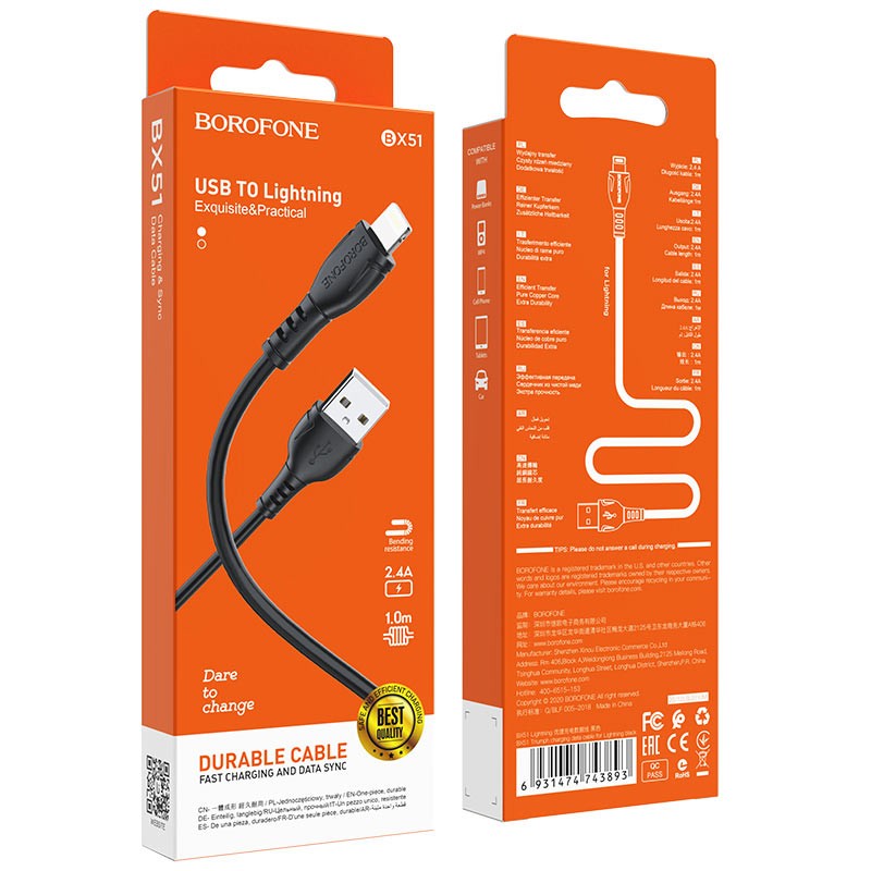 Καλώδιο σύνδεσης Borofone BX51 Triumph USB σε Lightning 2.4A 1μ Μαύρο