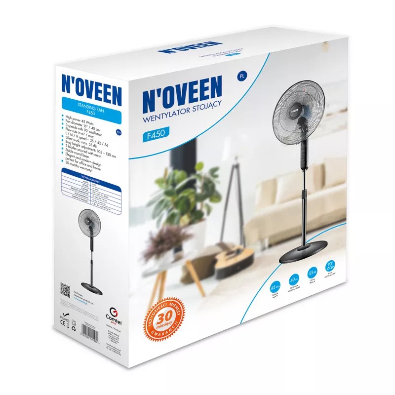 Ανεμιστήρας Δαπέδου N'oveen F450 45W 3 Ταχυτήτων,  με Διάμετρο 40cm και Ρυθμιζόμενο Ύψος