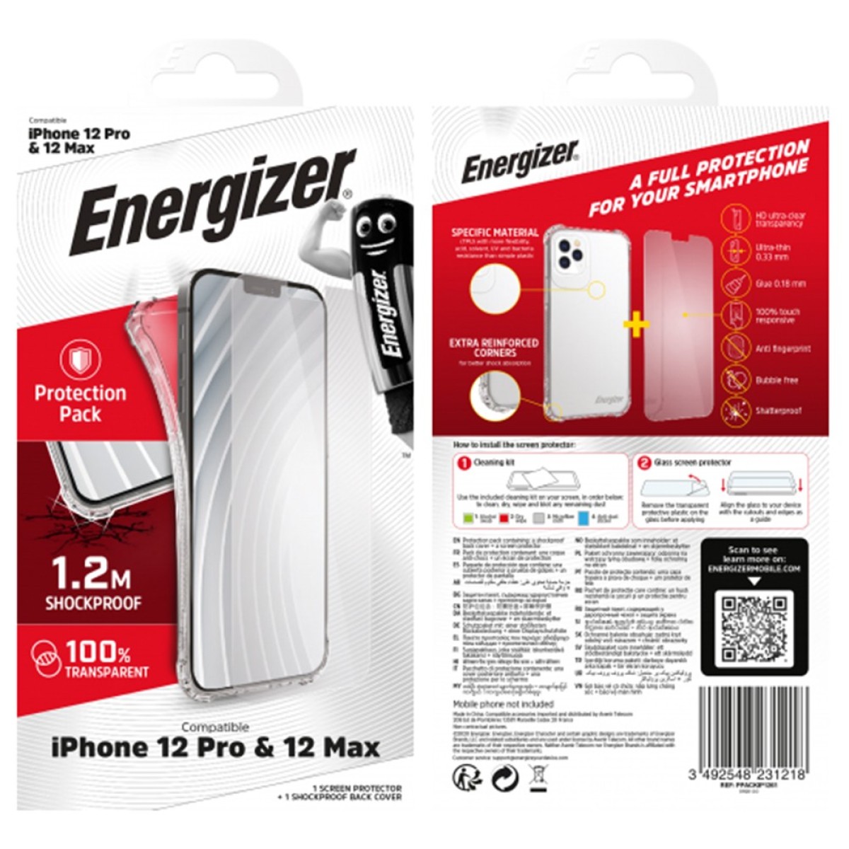 Θήκη Shockproof TPU Πιστοποίηση Drop Test 1.2m Energizer με Τζαμάκι Προστασίας για Apple iPhone 12 / 12 Pro Διάφανη