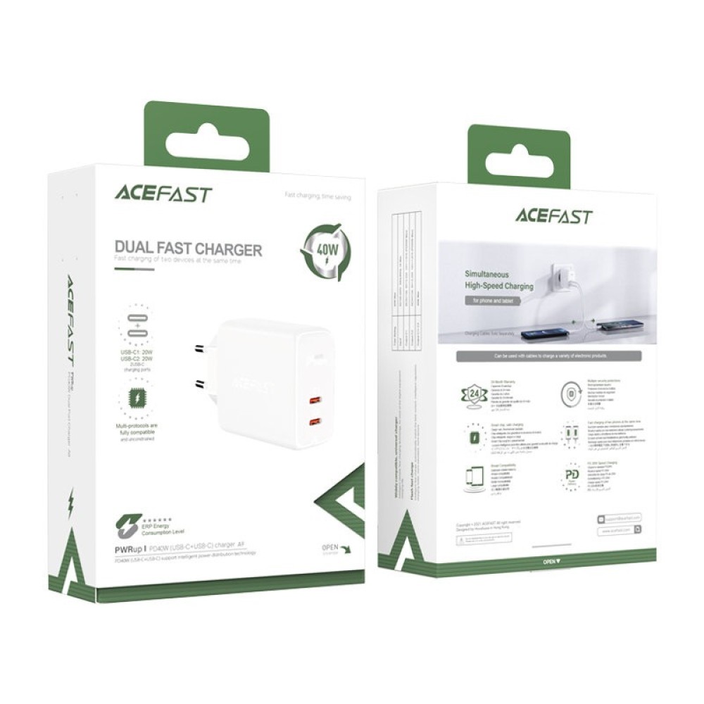 Φορτιστής Ταξιδίου Acefast A9 Fast Charging USB-C QC3.0 / QC2.0 PD40W Λευκός