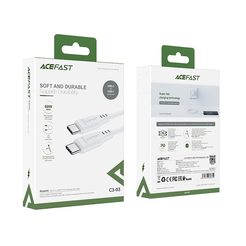 Καλώδιο σύνδεσης Acefast C3-03 USB-C σε USB-C Braided 3A 60W 1.2m Λευκό