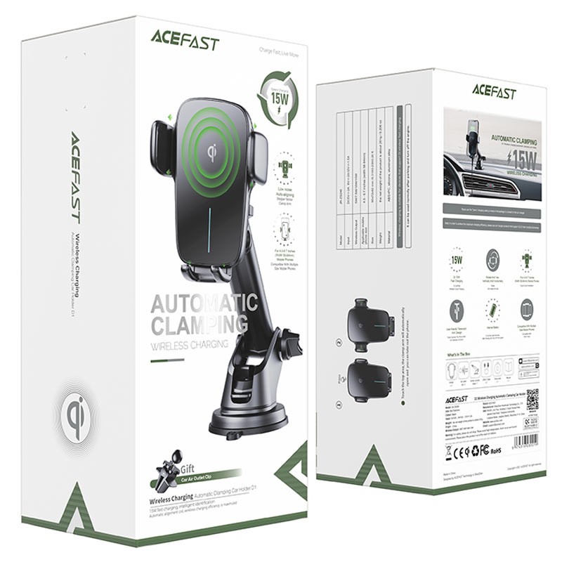 Βάση Στήριξης Αυτοκινήτου Acefast D1 Mount Holder Auto-Aligning 4.5" – 6.7" και Wireless Charger 15W  Μαύρο
