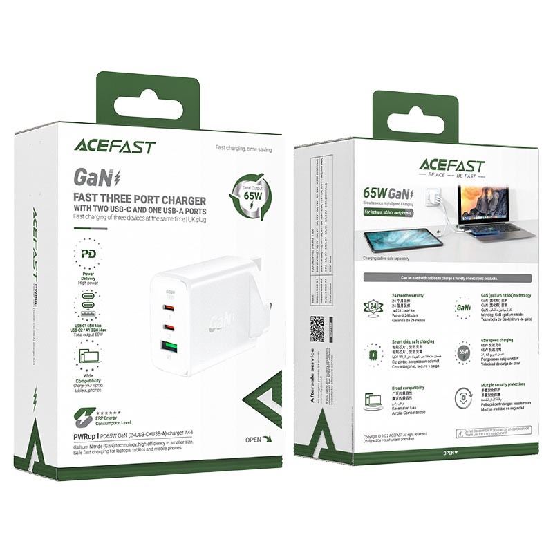 Φορτιστής Ταξιδίου Acefast A44 Fast Charging 2xUSB-C PD65W USB-A GaN Λευκός με UK Plug