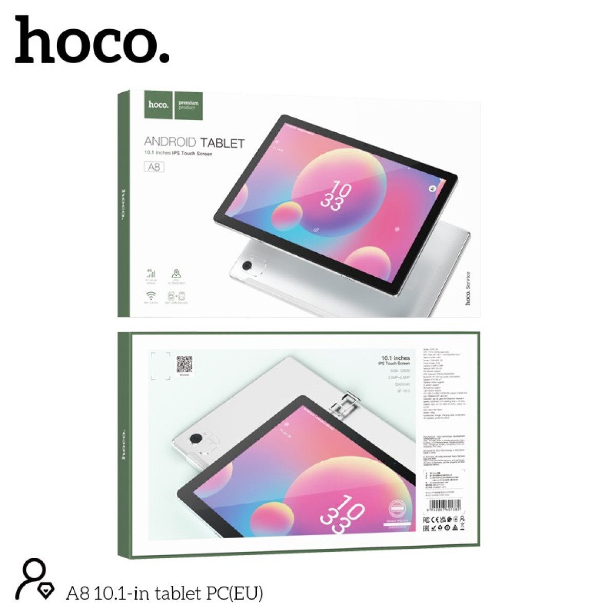 Tablet Hoco A8 10,1" 6GB/128GB ΒΤ5.0 5000mAh 4G Ασημί με Θήκη Book