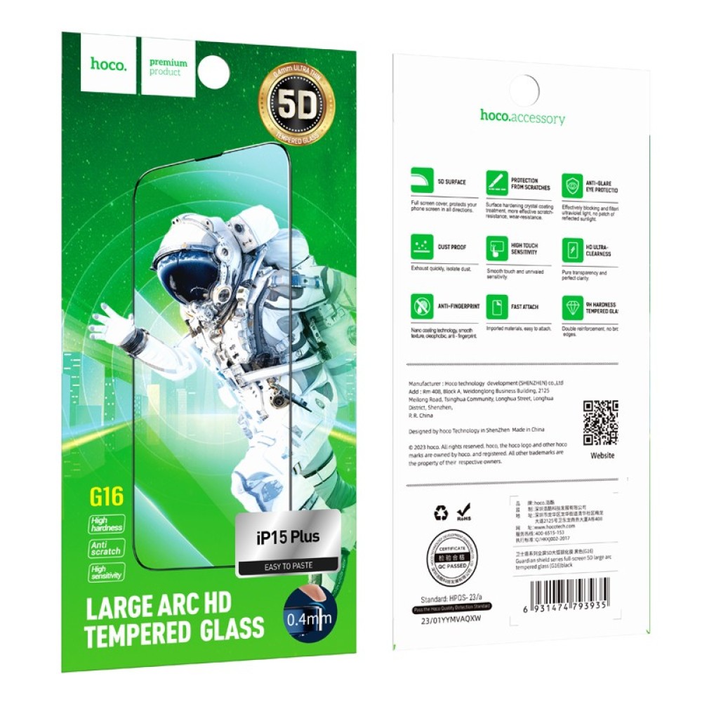 Tempered Glass Hoco Premium Series G16 Full Screen HD 5D Large Arc 0.4mm 9H για Apple iPhone 16 Plus 15 Plus Σετ 10τεμ.