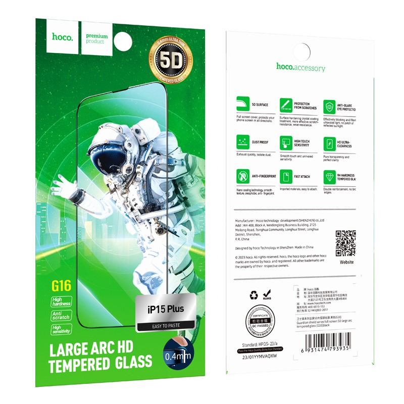 Tempered Glass Hoco Premium Series G16 Full Screen HD 5D Large Arc 0.4mm 9H για Apple iPhone 16 Plus 15 Plus Σετ 10τεμ.