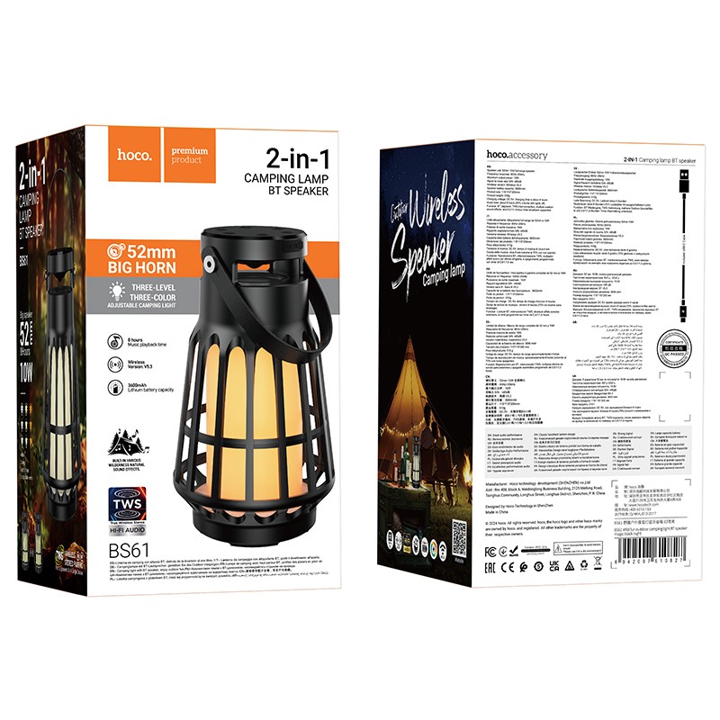 Bluetooth Φορητό Ηχείο Hoco BS61 Camping Lamp V5.3 8h TWS 10W 3600mAh με Micro SD FM USB και Outdoor Sound Effects Μαύρο
