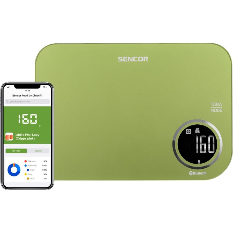 Ζυγαριά Κουζίνας 5kg Sencor SKS 7070GG LCD Οθόνη με Bluetooth και Εφαρμογή Κινητού Πράσινη
