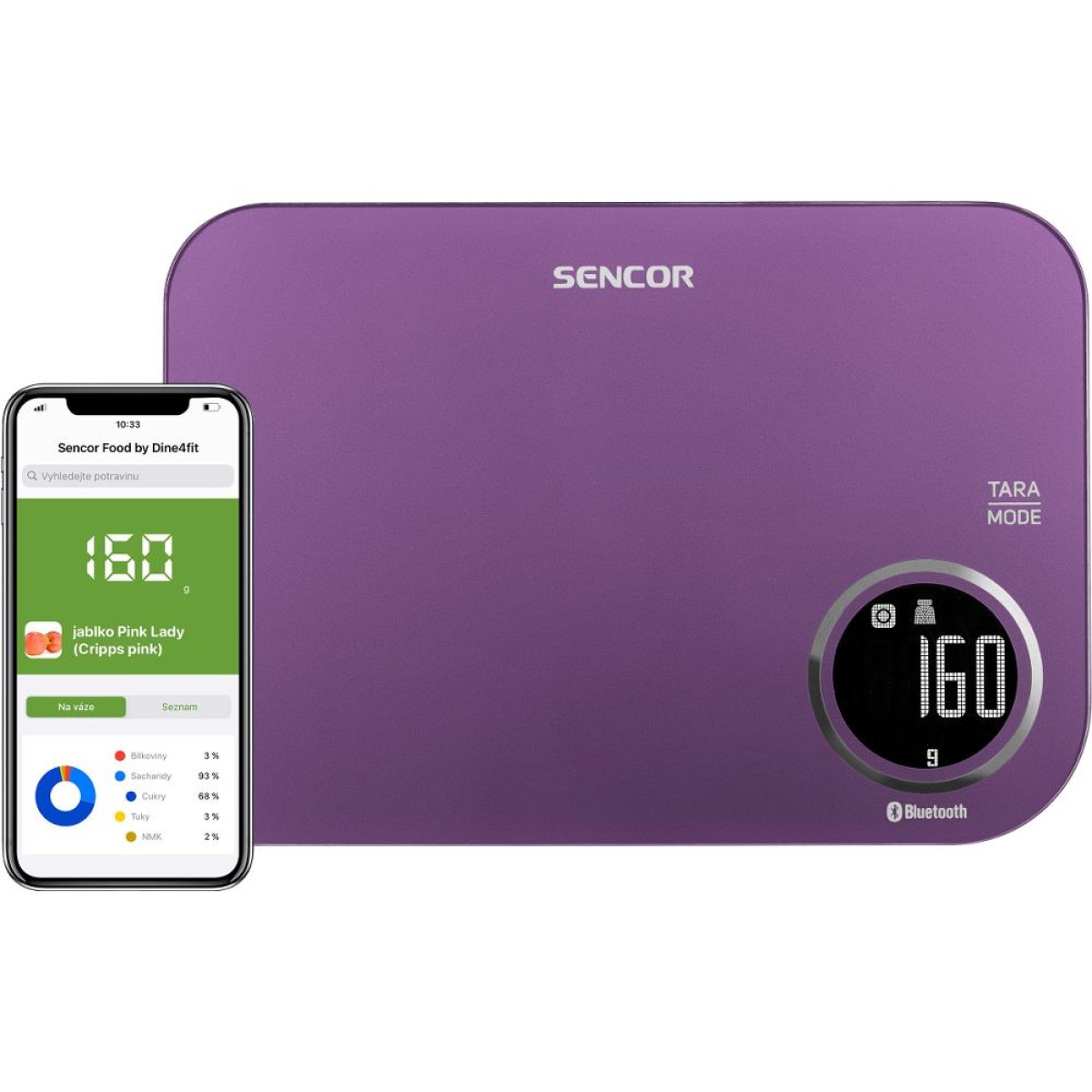Ζυγαριά Κουζίνας 5kg Sencor SKS 7073VT LCD Οθόνη με Bluetooth και Εφαρμογή Κινητού Μωβ