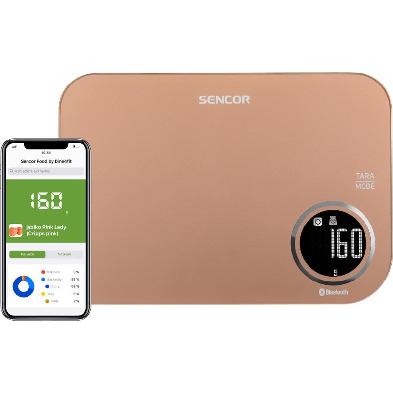 Ζυγαριά Κουζίνας 5kg Sencor SKS 7076GD LCD Οθόνη με Bluetooth και Εφαρμογή Κινητού Χρυσή