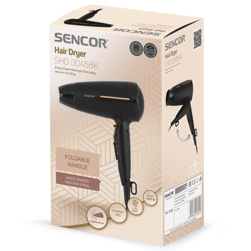 Σεσουάρ Μαλλιών Ταξιδίου Sencor SHD 0045BK 1600W Αναδιπλούμενο με 2 Επιλογές Θερμοκαρασίας και Ταχύτητας Αέρα Μαύρο
