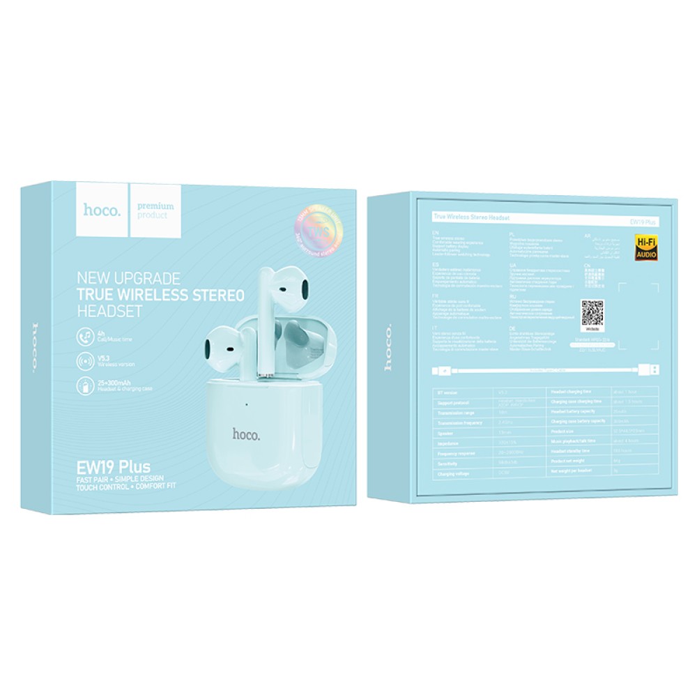 Wireless Hands Free Hoco EW19 Plus V5.3 με Εναλλαγή Master/Slave Hi-Fi Audio Sierra Blue