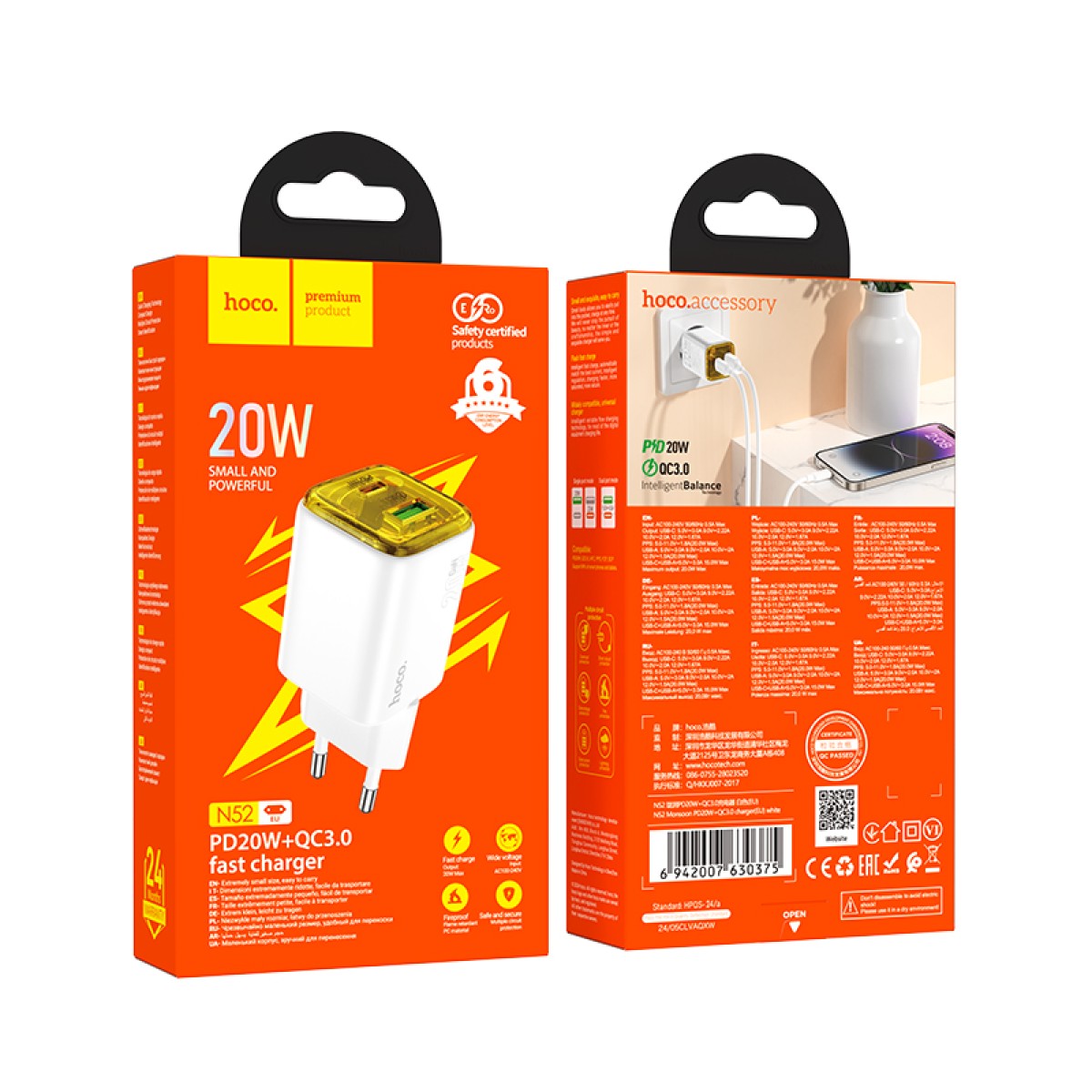 Φορτιστής Ταξιδίου Hoco N52 Monsoon με 2 Εξόδους Φόρτισης USB QC3.0 20W και USB-C PD20W  Λευκός