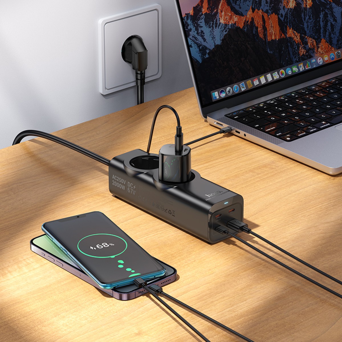 Πολύπριζο Hoco NS10 Wisdom με 2 x Σούκο + 3 x USB-C + 1 x USB-A με Καλώδιο 2m Μαύρο